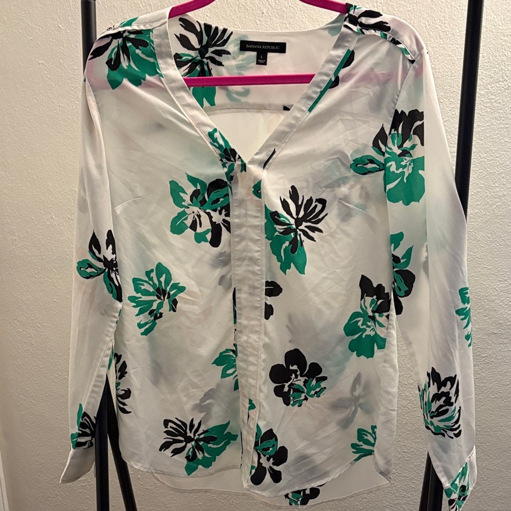 Banana Republic Cream Blouse with Black and Green Floral Design